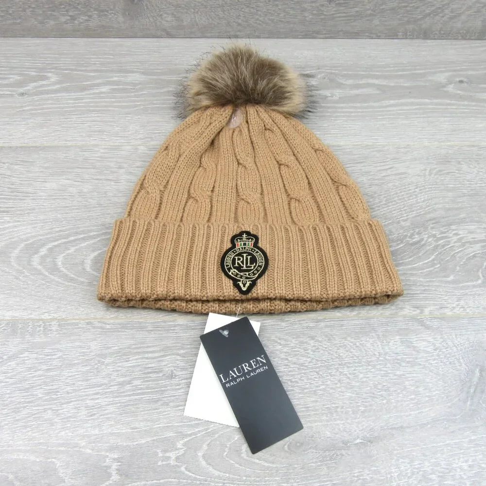 Lauren Ralph Lauren Crest-Patch Pom Pom Cable-Knit Beanie NEW - Picture 2 of 11